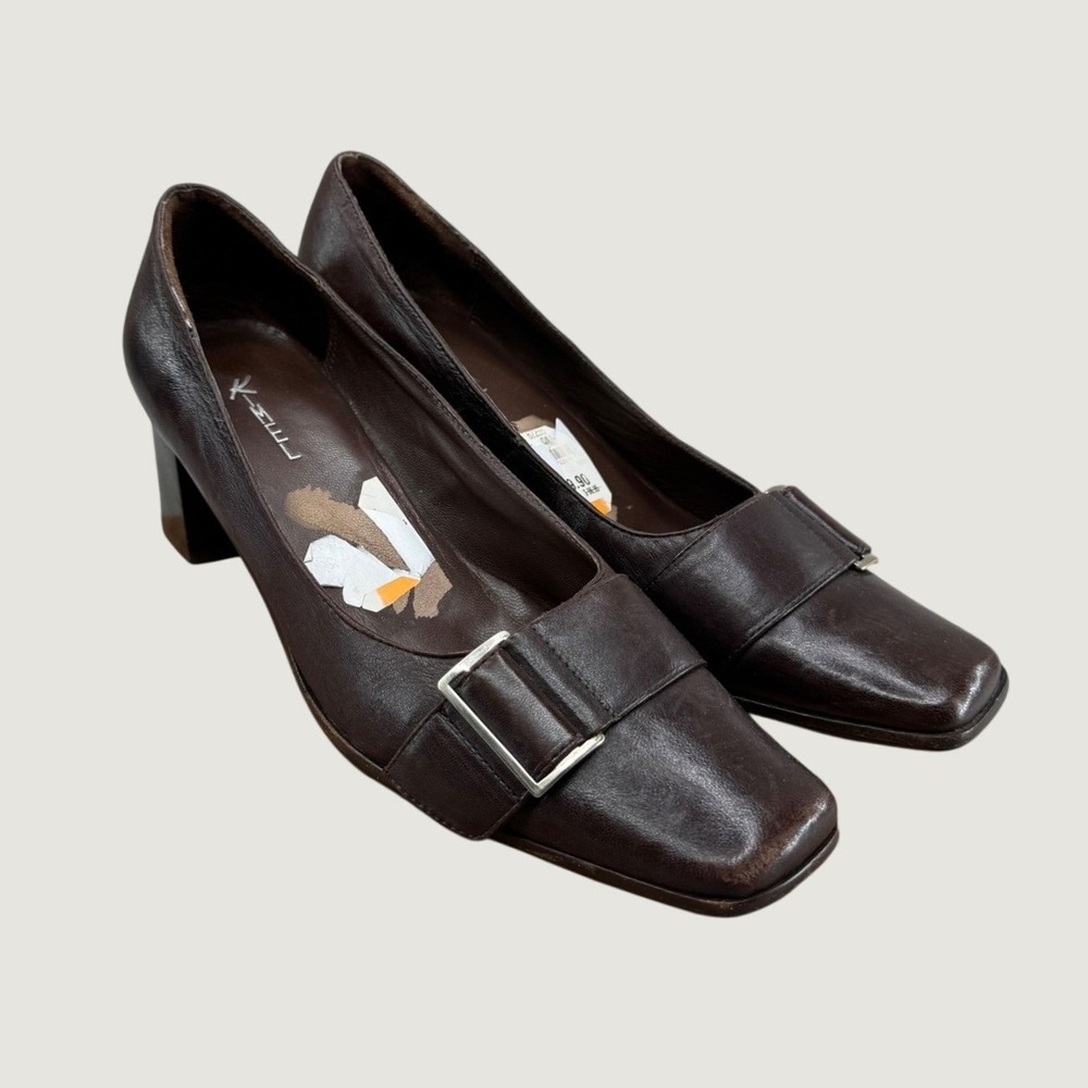 Kimel Square Toe Buckle Pumps 9M Brown Leather Block Heel Dark Academia Office